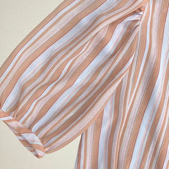 Vintage 70s striped button up blouse, short puff sleeve, cinched tie waist, prep - Picture 7 of 11